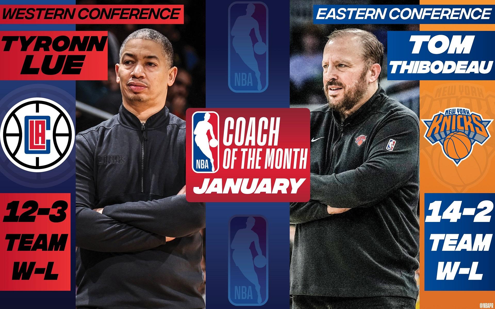 Tyronn Lue Tom Thibodeau Coachs du mois 1 février 2024