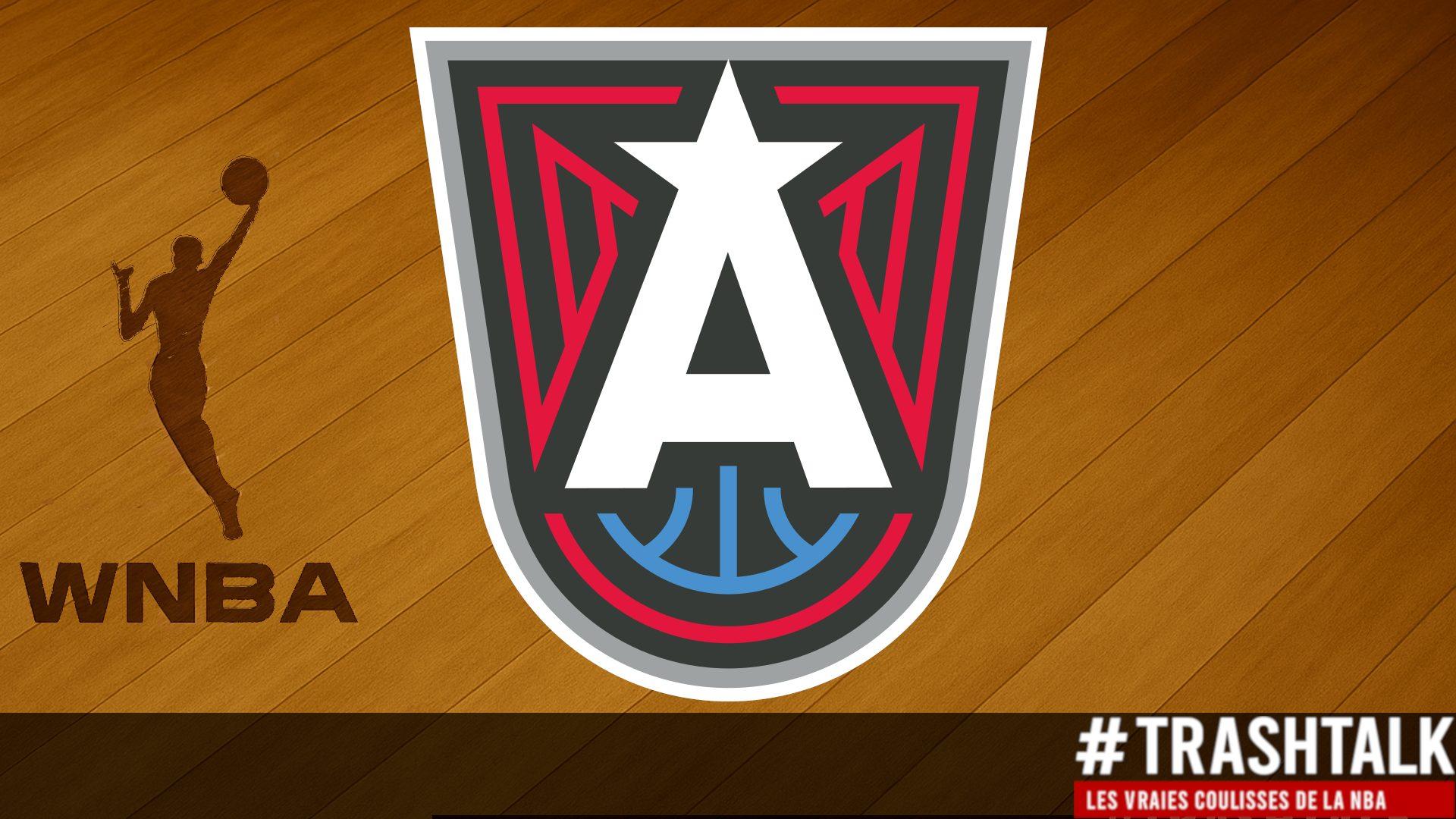 Image de couverture de la fiche équipe WNBA Atlanta Dream avec fond parquet et branding TrashTalk