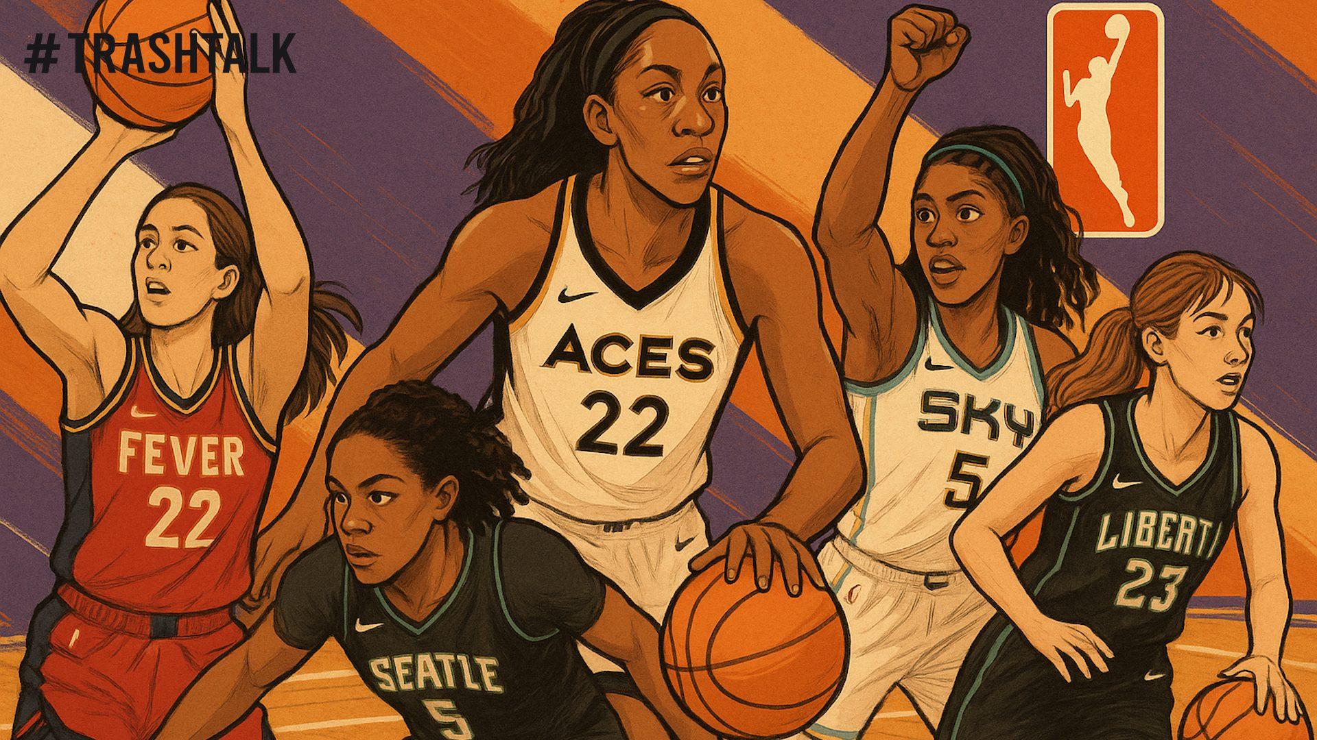 Illustration des joueuses WNBA Caitlin Clark, A'ja Wilson, Angel Reese, Gabby Williams et Marine Johannès avec le logo WNBA